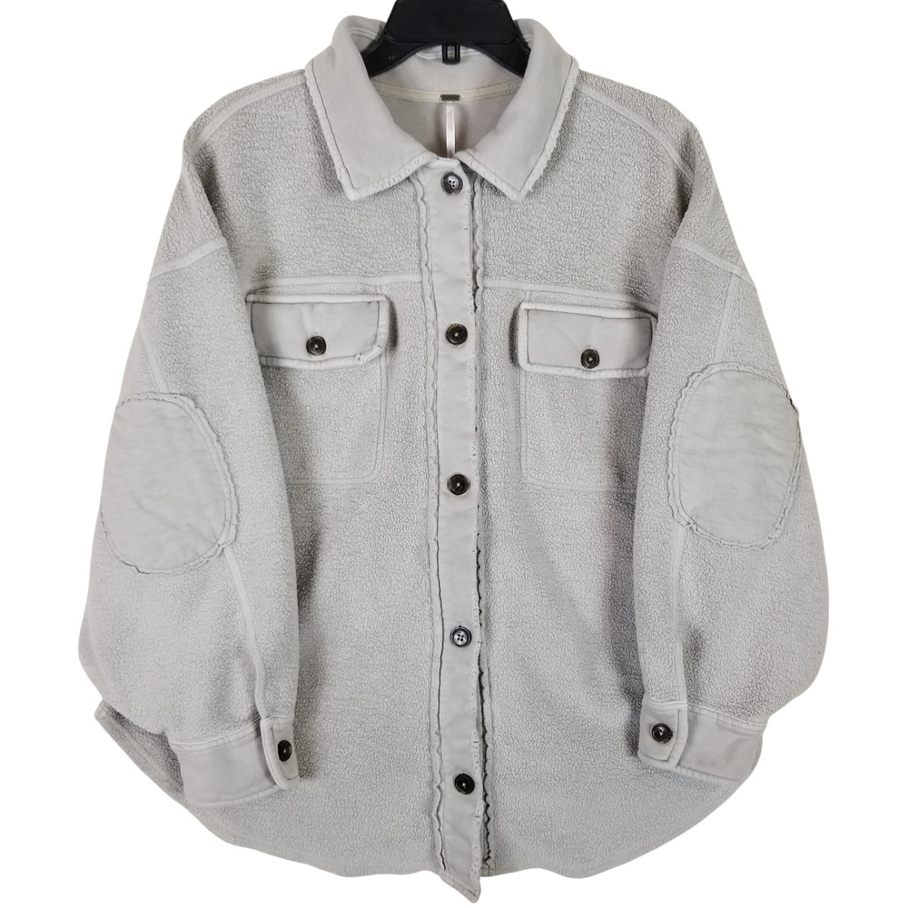 Free People‎ Ruby Jacket Light Grey Fleece Button Down Shacket Oversized Medium